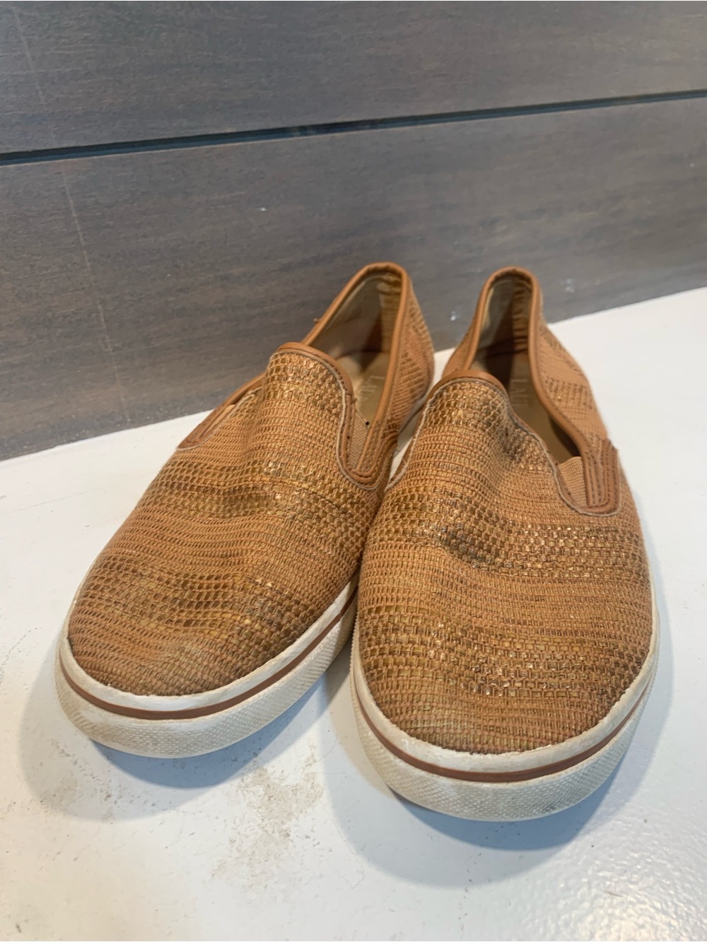 Lauren Ralph Lauren Slip-On Basket Weave Sneakers Tan Size 7.5 Preppy Casual - Picture 2 of 6
